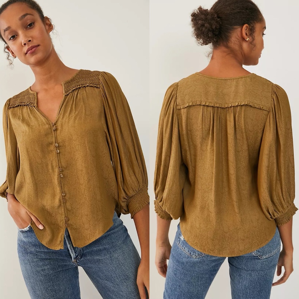 Anthropologie Cacee Jacquard Buttondown brown tonal reptile print 3/4 sleeve